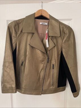 DKNY Metallic Gold Leather Moto Jacket with Black Panels
